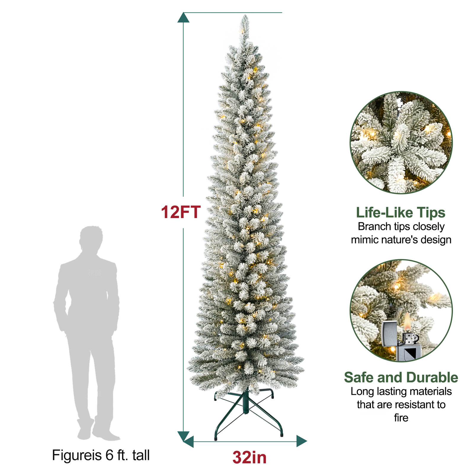 Pre-Lit Flocked Slim Christmas Tree, 12' H