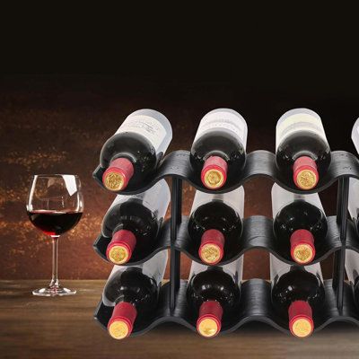 3 Tier Wavy Wine Rack For 12 Bottles, Freestanding Wooden Countertop Holder With Black Metal Struts, Storage For Kitchen Bar