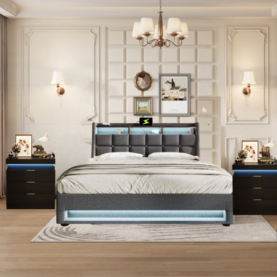3-Piece Bedroom Set ,Upholstered Platform Bed With A Hydraulic Storage System , LED ,USB Charging And 2 LED Nightstand by Wrought Studio