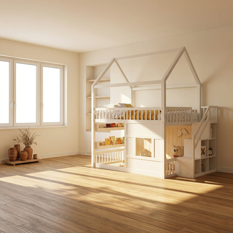 Lit double à tablette en bois massif Aaden l 57,4 po x P 94,2 po x H 97,8 po