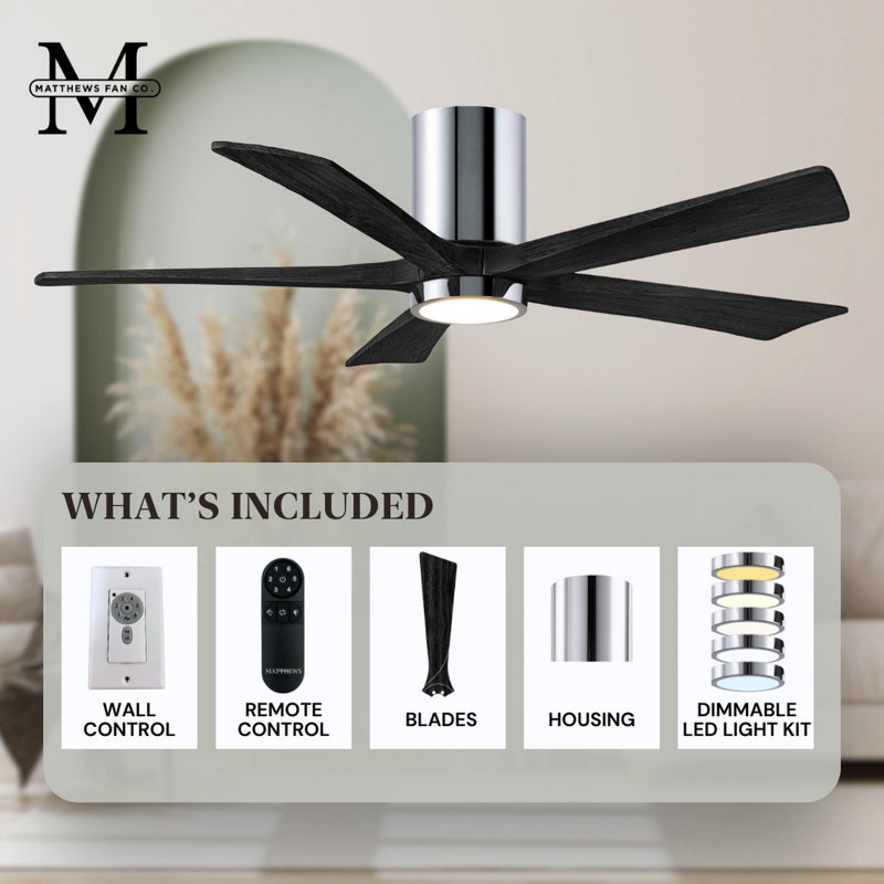 Irene Flushmount Light Kit 5 Blade LED Ceiling Fan, Polished Chrome, Matte Black, 42"