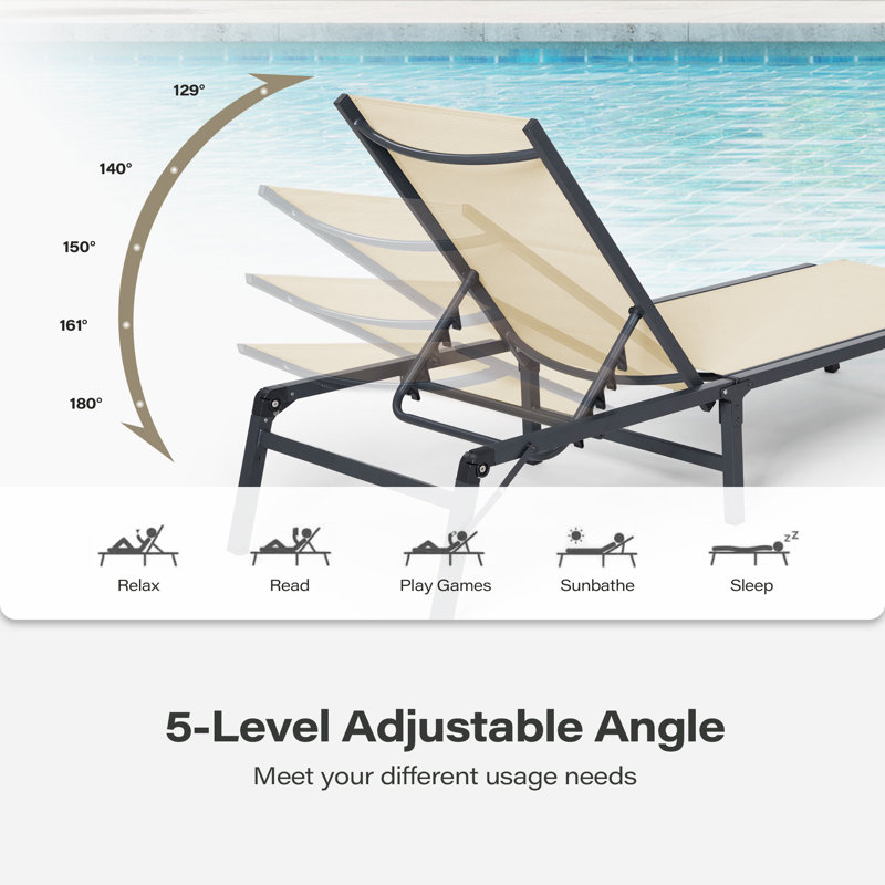 5-Position Adjustable Textilene Outdoor Chaise Lounge, Beige