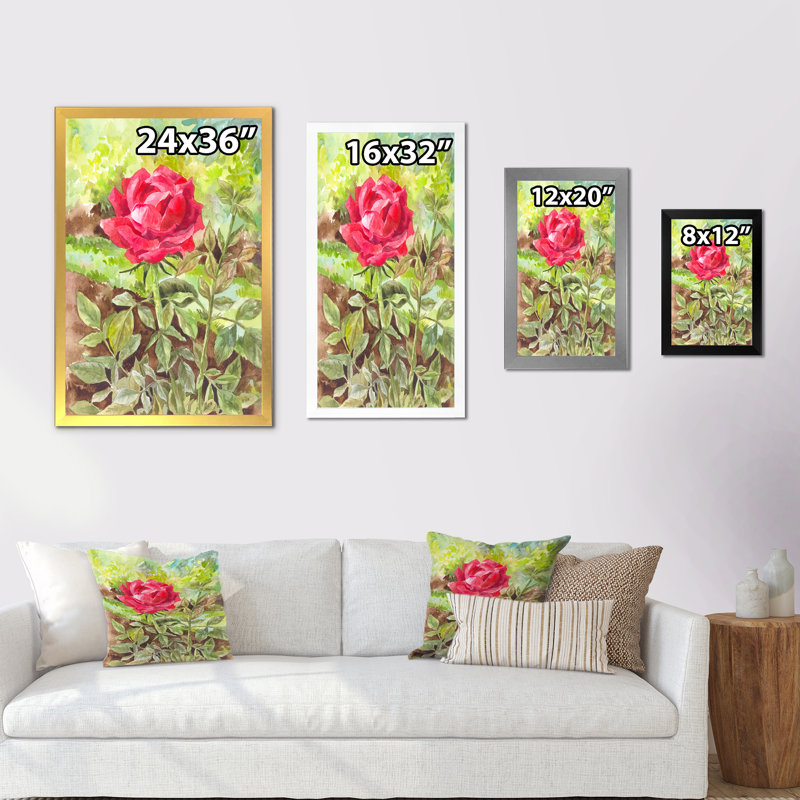 Simple fleur rouge dans le jardin - art mural traditionnel sur toile, Cadre noir, H 20 po x l 12 po x P 1 po