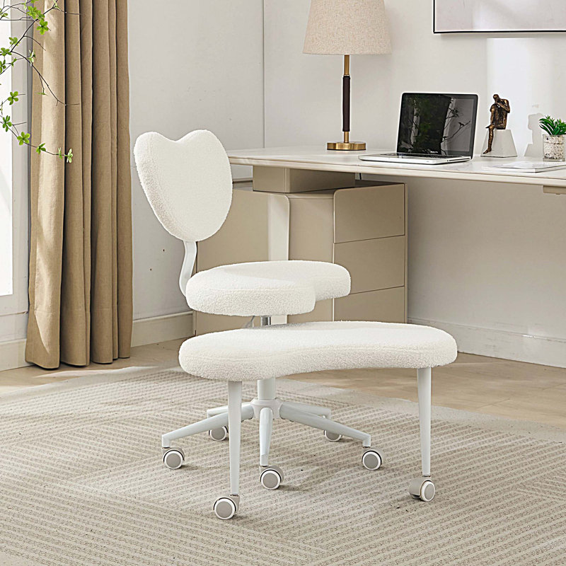 Chaise à pieds croisés sur roulettes, chaise de bureau Criss Cross avec support lombaire et tabouret réglable, Ivoire ivoire