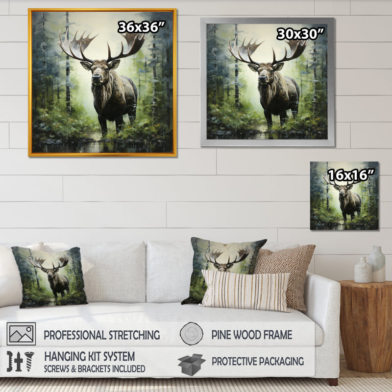 Mystic Moose In Forest III - Moose, art mural, H 36 po x l 36 po x P 1,5 po, Cadre flottant noir