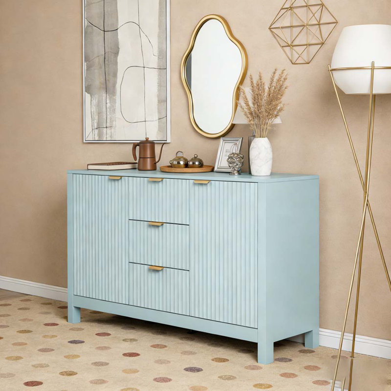 Buffet à motif ondulé - 3 tablettes réglables, 3 tiroirs et portes à fermeture en douceur, Cyan