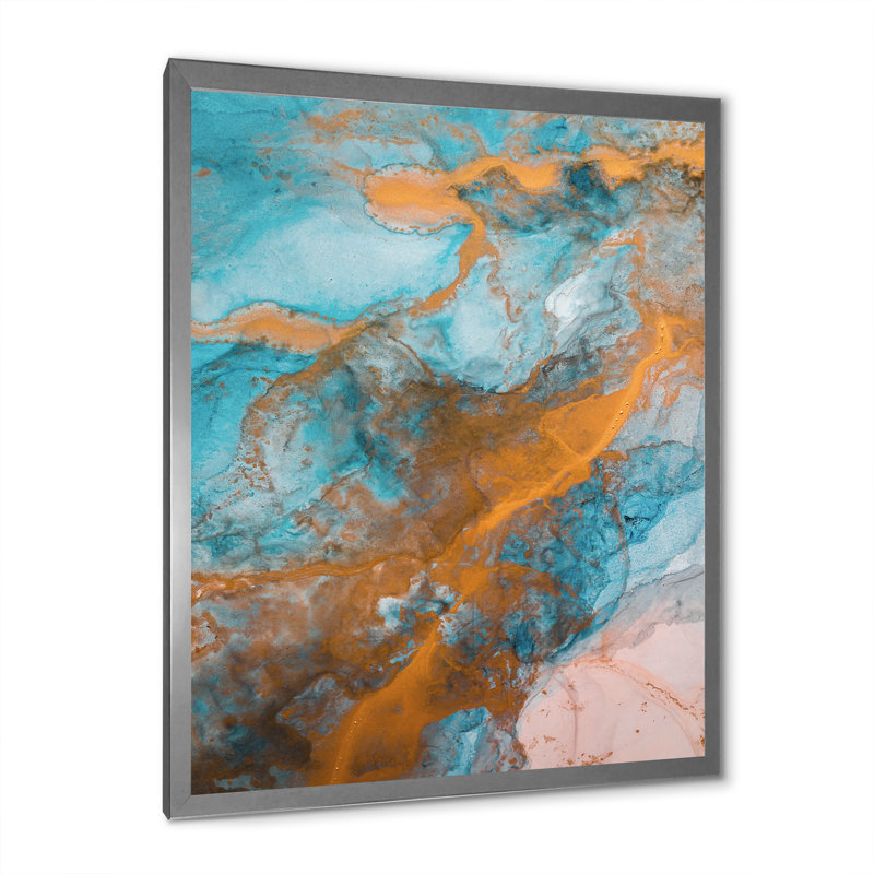 Turquoise luxueux et écoulement de marbre doré - peinture, H 12 po x l 8 po, Cadre photo argenté
