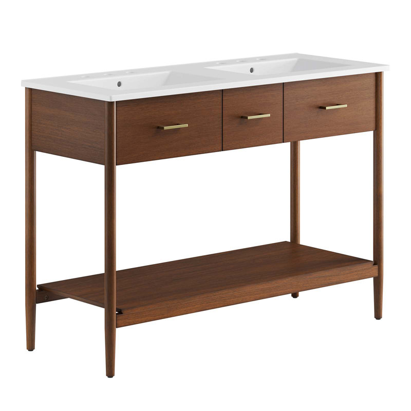 Meuble-lavabo double 48 po avec plateau en céramique Modway Zaire, Blanc, Noyer