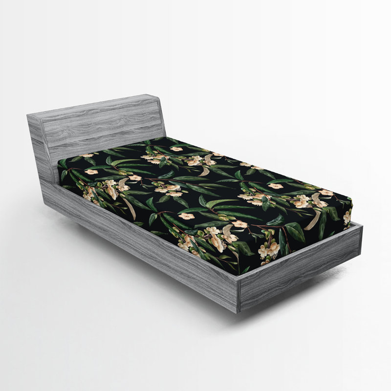 Drap-housse à motif floral Ambesonne, Drap-housse de taille simple, Vert forêt, pêche / floral
