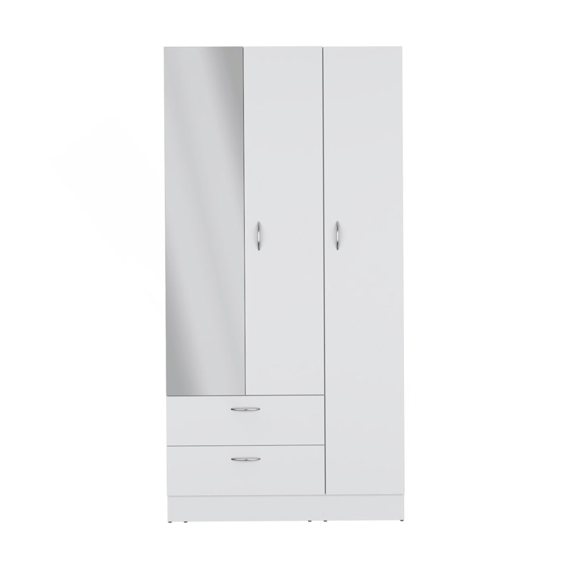 Armoire avec 3 portes, une avec miroir, deux tiroirs, quatre tablettes et barre de suspension, blanc