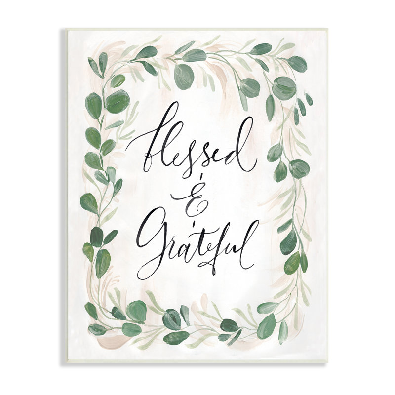 «Blessed & Grateful Botanical Eucalyptus Border Calligraphy», art mural par Caverly Smith, H 19 po x l 13 po x P 0,5 po