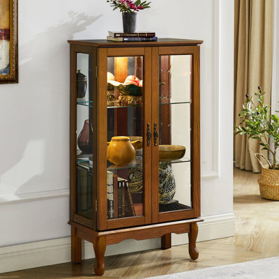 Vitrine 3 niveaux en chêne, avec tablettes réglables en verre et miroir en chêne