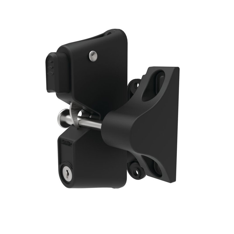 Locking Gravity Latch with Two-Sided Key Entry and Push Button, Black