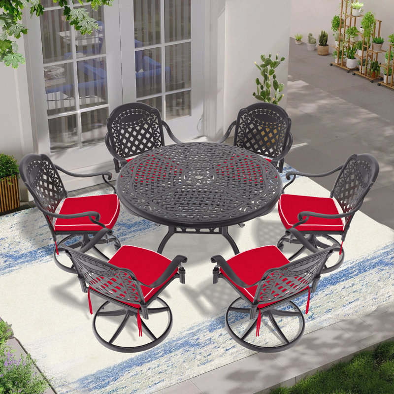 Ensemble de salle à manger 7 pièces en fonte d'aluminium toutes saisons, comprenant 6 chaises pivotantes et une table ronde de 48,03 po avec structure noire