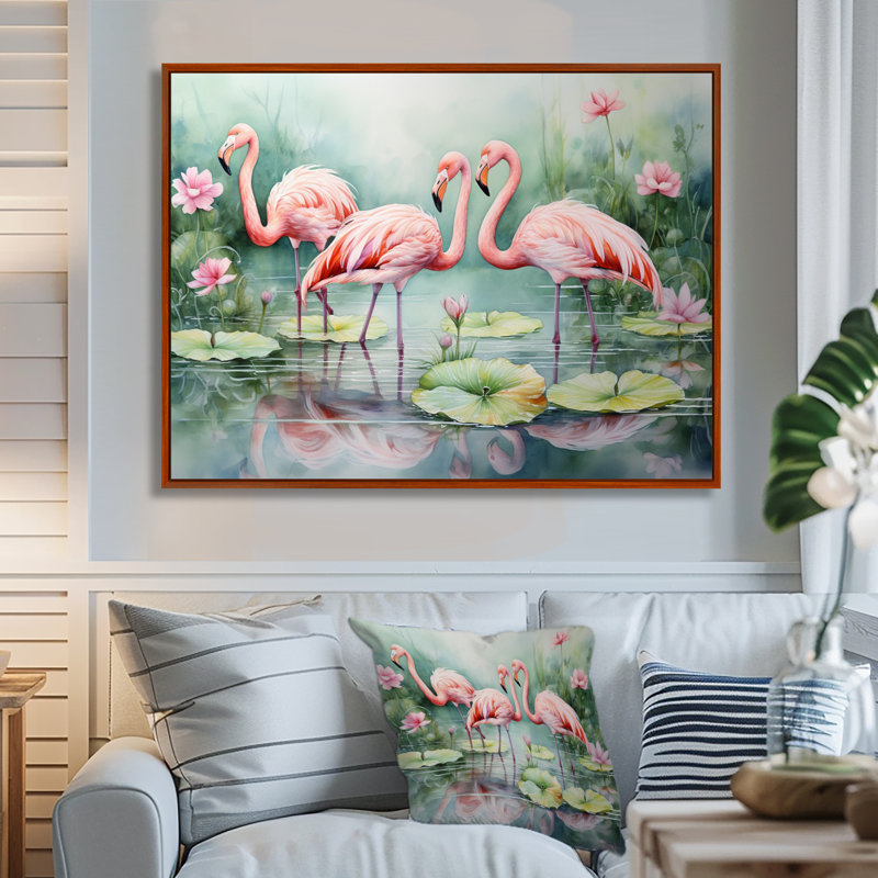 Élégant paradis flamant rose - décoration murale flamant rose, H 24 po x l 32 po x P 1 po, Cadre flottant brun