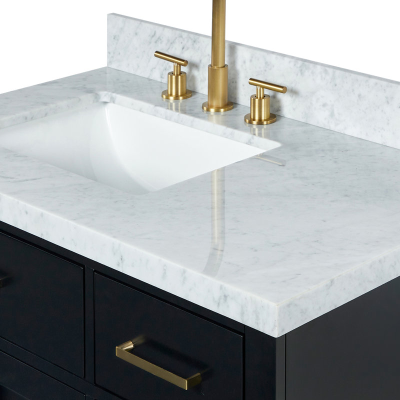 ARIEL HEPBURN 37 IN RIGHT OFFSET RECTANGULAR SINK VANITY 1,5 IN, Black/Brass, Left, Rectangular