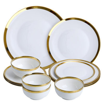 Luxury 12-Piece White Dinnerware Set With Gold Rim For 4,Elegant White Bone China Porcelain Plates & Bowls, Microwave And Dishwasher Safe, Chip Resistant Fine Dining Set