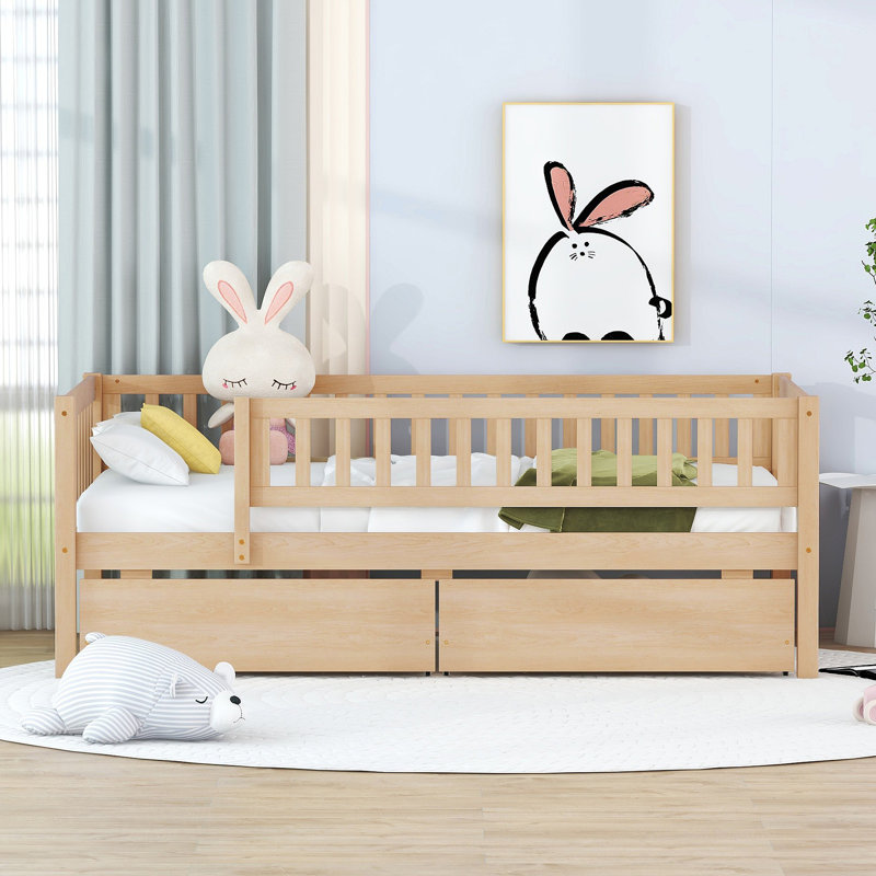 Daybed Wood Bed With Two Drawers, Natural, Twin