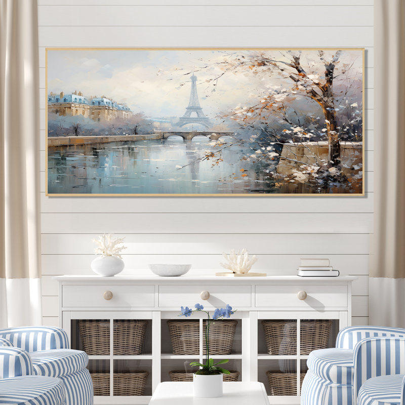 Hiver Paris, Tour Eiffel, charme de ville I - Paris, art mural, Cadre flottant brun, H 28 po x l 60 po x P 1,5 po