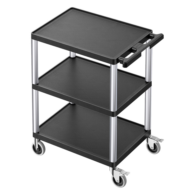 Chariot utilitaire, capacité de charge de 136 kg, chariot de service de 70 x 46 cm, chariot utilitaire robuste en plastique à trois étagères avec roues pivotantes à 360° (dont 2 avec freins), garage, nettoyage, convient pour entrepôt