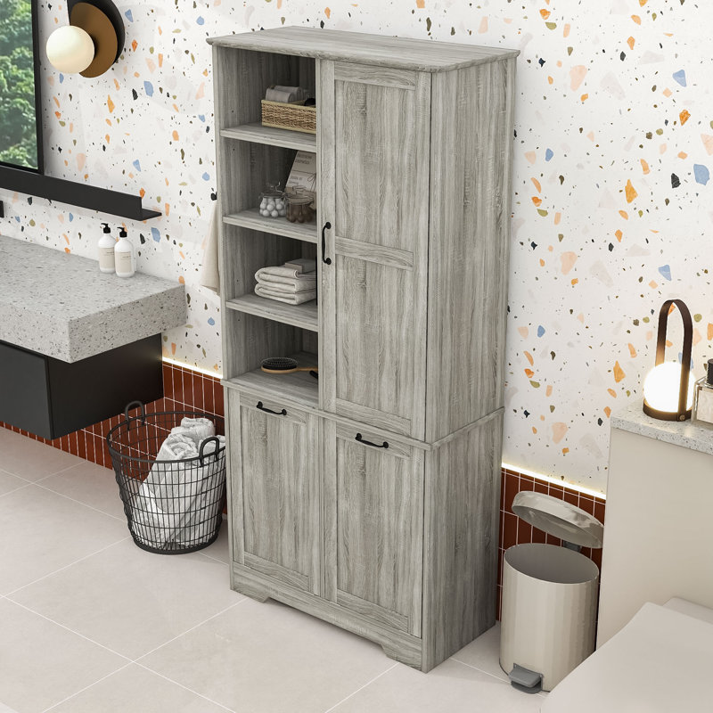 Armoire de rangement autoportante en bois avec tablettes réglables et paniers à linge inclinables, Chêne