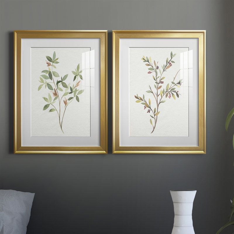 Single Sprig I - Matted and Framed Under Acrylic Glass, Set of 2, Large Living Room Wall Art, 36.5" H x 53" W x 1" D