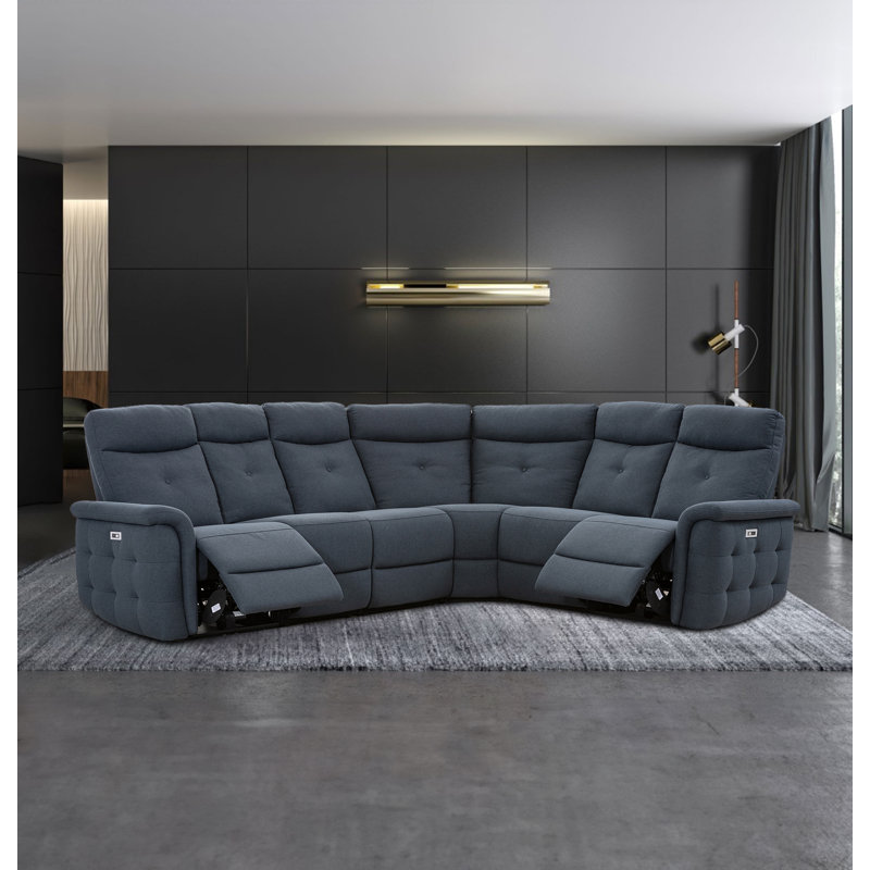 Upholstered Power Reclining Curved Sectional, Dark Blue Fabric