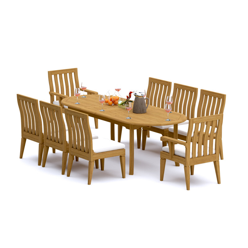 Ensemble de salle à manger 9 pièces en bois de teck de qualité A: table ovale à double extension de 94 po et 8 chaises Caranas (2 et 6 chaises sans accoudoirs) # 11Ca2202