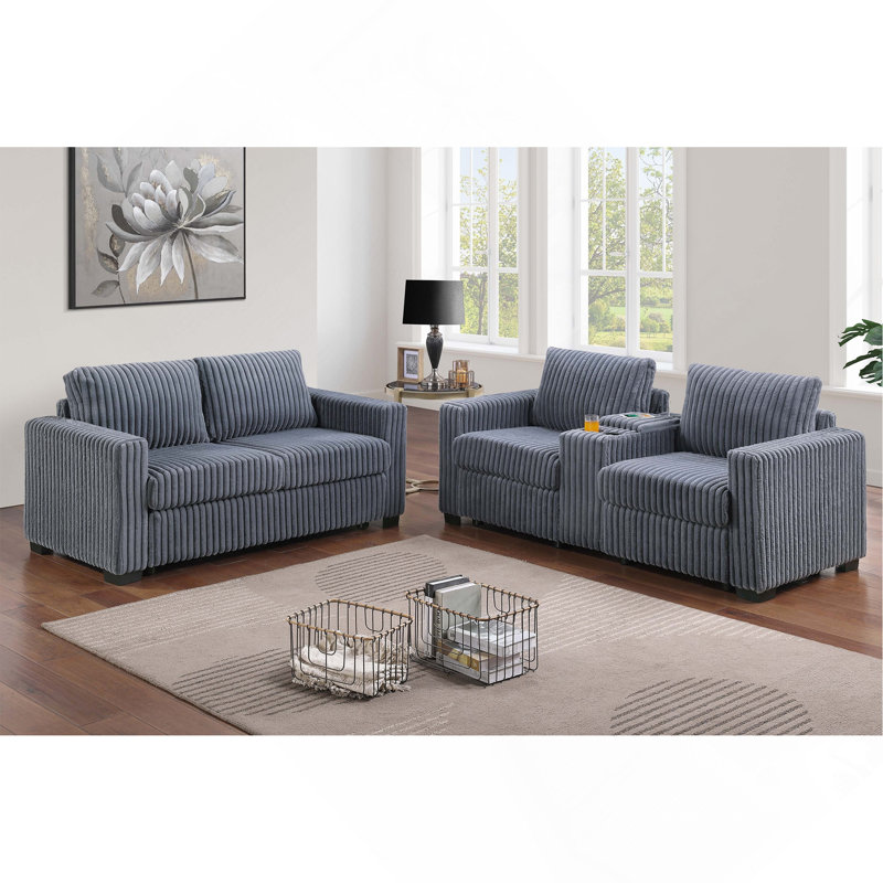Ensemble de canapés 2 pièces de style moderne 1 x canapé 1 x 1 causeuse Coussin de dossier à pieds en plastique Porte-gobelets Port de charge Revêtement en velours côtelé gris foncé Salon principal