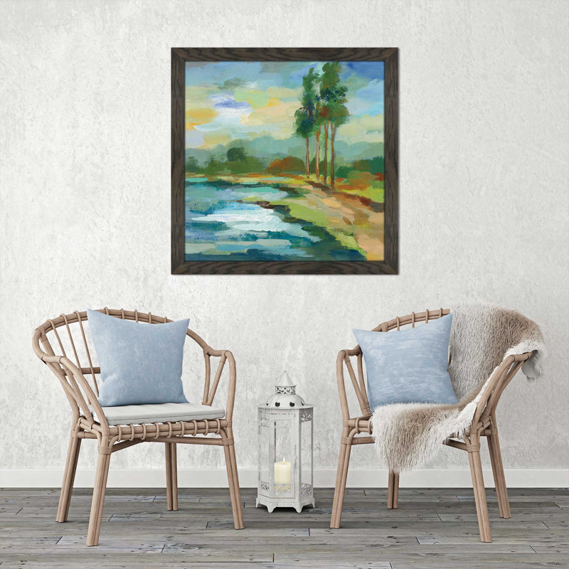 «Early Spring Landscape II», reproduction de peinture acrylique, H 21,5 po x l 21,5 po x P 0,75 po, Cadre chocolat patiné