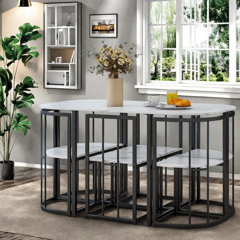 Ensemble de table à manger moderne 7 pièces, plateau en faux marbre avec structure en métal noir, compact pour la famille et les petits espaces