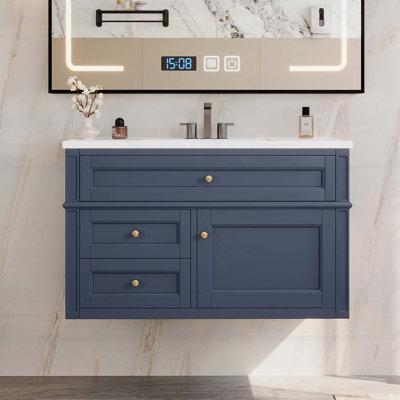 Meuble-lavabo mural 36 po avec 2 tiroirs, 1 tiroir basculant, lavabo simple en céramique 3 trous, armoire de rangement flottante moderne.