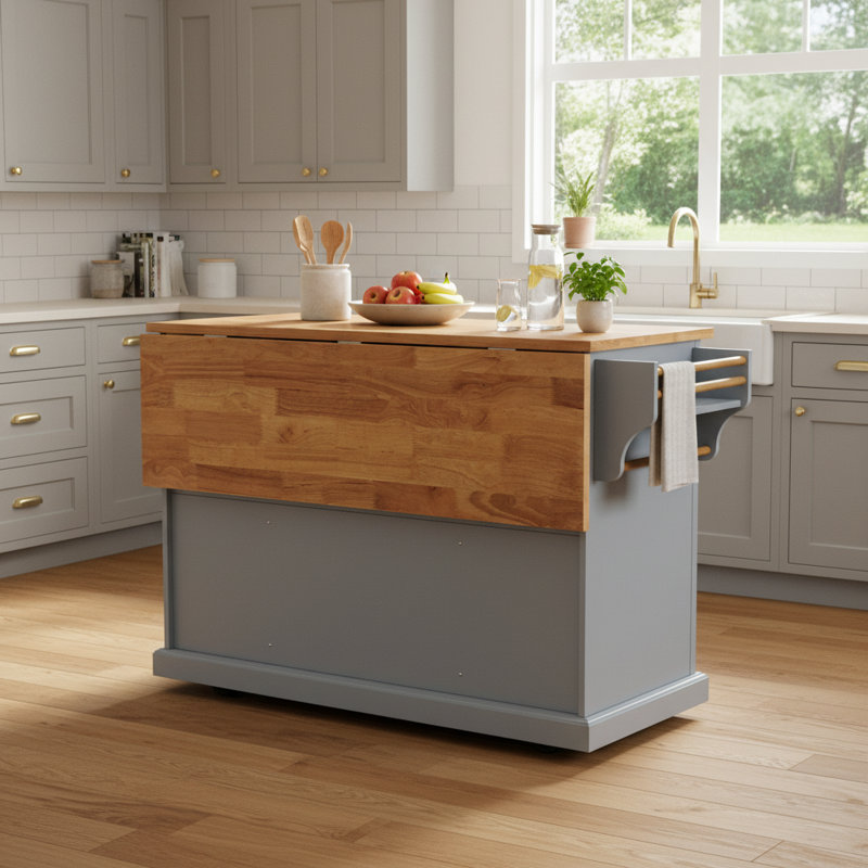 Gray Blue Kitchen Island With Textured Rubber Wood Folding Countertop, 4-Wheel Rolling Cart, 4 Doors, 3 Drawers, Storage Function, For Kitchen And Dining Room