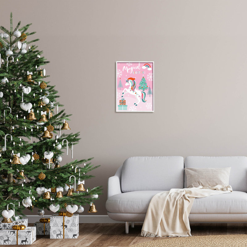 Licorne magique de Noël rose - 111, H 20 po x l 16 po x P 1,5 po, Giclée encadrée blanc bord de mer