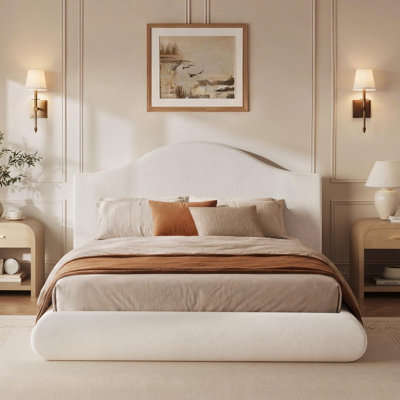 Queen Cloud Bed Frame, Modern Chenille Platform Bed Frame with Curved Wingback Headboard, Thick Soft Cushion Design, Low Profile Bedroom Furniture, White,Not Include Box Spring
