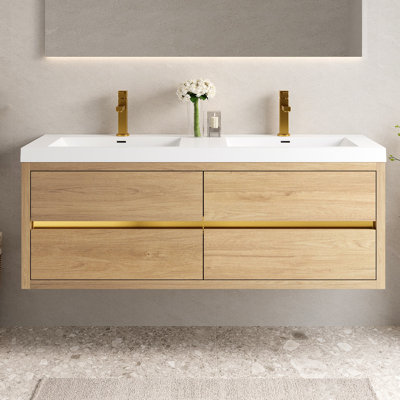 Meuble-lavabo mural 60 po avec lavabo double, meuble de rangement flottant pour salle de bain avec comptoir en résine de pierre et tiroirs à fermeture en douceur, 24V15-60DAG