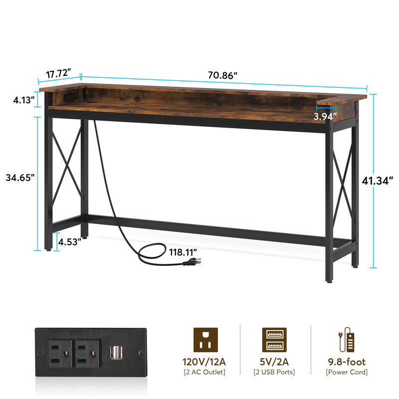 71" Console Table with Charging Ports, Brown/Black