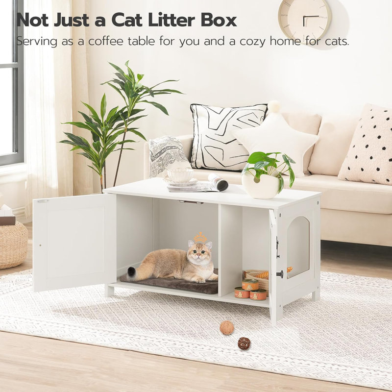 Litter Box Enclosure, Cat Litter Box Furniture with Removable Divider, Large Hidden Litter Box Furniture, Wooden Cat House, End Side Table, 31" L x 17.5" W x 19.7" H, White