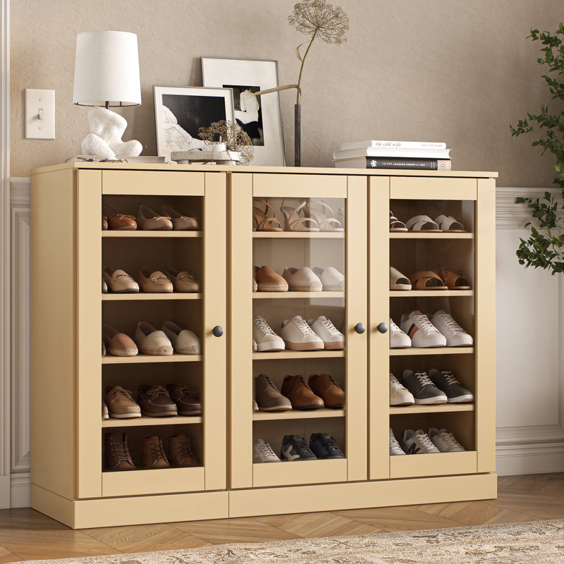 Armoire de rangement à chaussures 100% en bois massif avec porte en verre, tablettes réglables, rangement modulaire pour vestibule, l 48,5 po x H 35,75 po