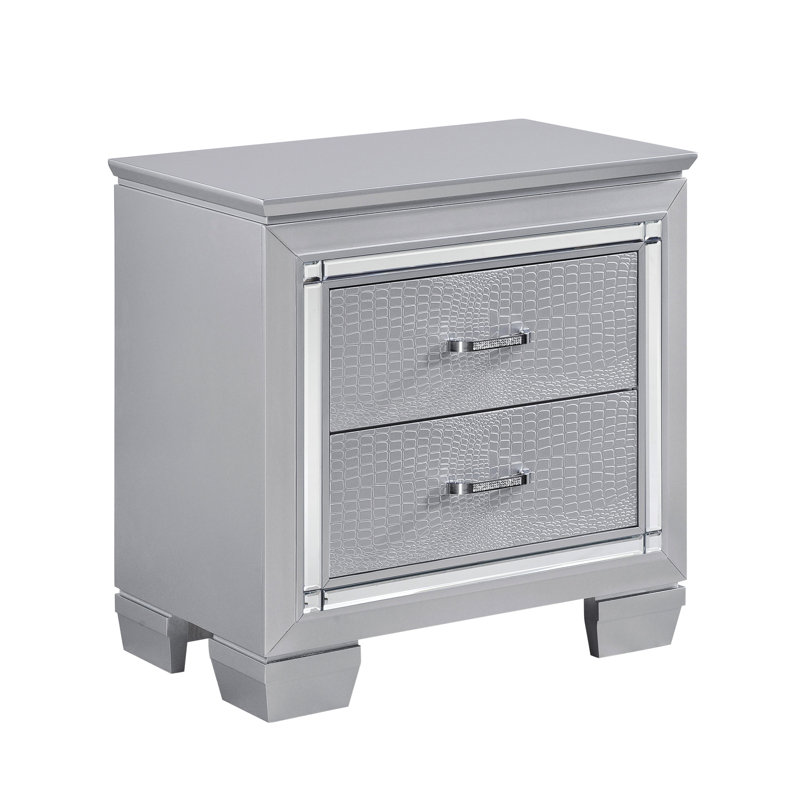 Table de chevet argentée avec 2 tiroirs et un faux alligator d'apparence glamour, Argent argent