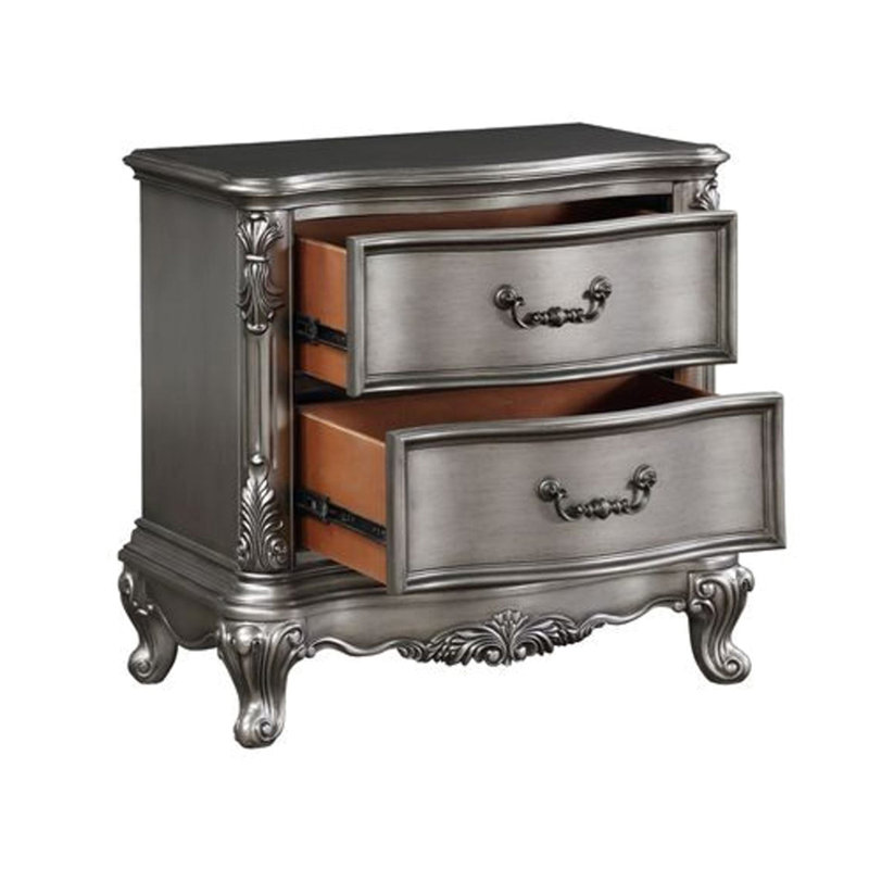 Table de chevet argent antique avec 2 tiroirs - atmosphère douce, cadre en bois argenté, pieds