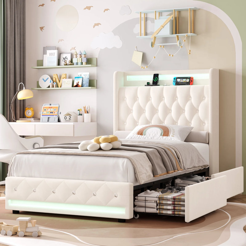 Glastonbury Upholstered Wingback Bed, 4 Drawers Storage Bed with LED Light