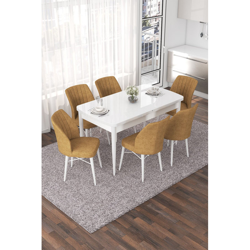Ensemble de table et chaises de salle à manger extensible Modern (7 pièces), blanc et cappuccino | Dimensions: table 45,0 po x 30,7 po x 28,7 po, chaises 17,7 po x 35,4 po x 16,5 po | 100% panneau de fibres à densité moyenne avec pieds en bois et structure en métal, assise en mousse confortable
