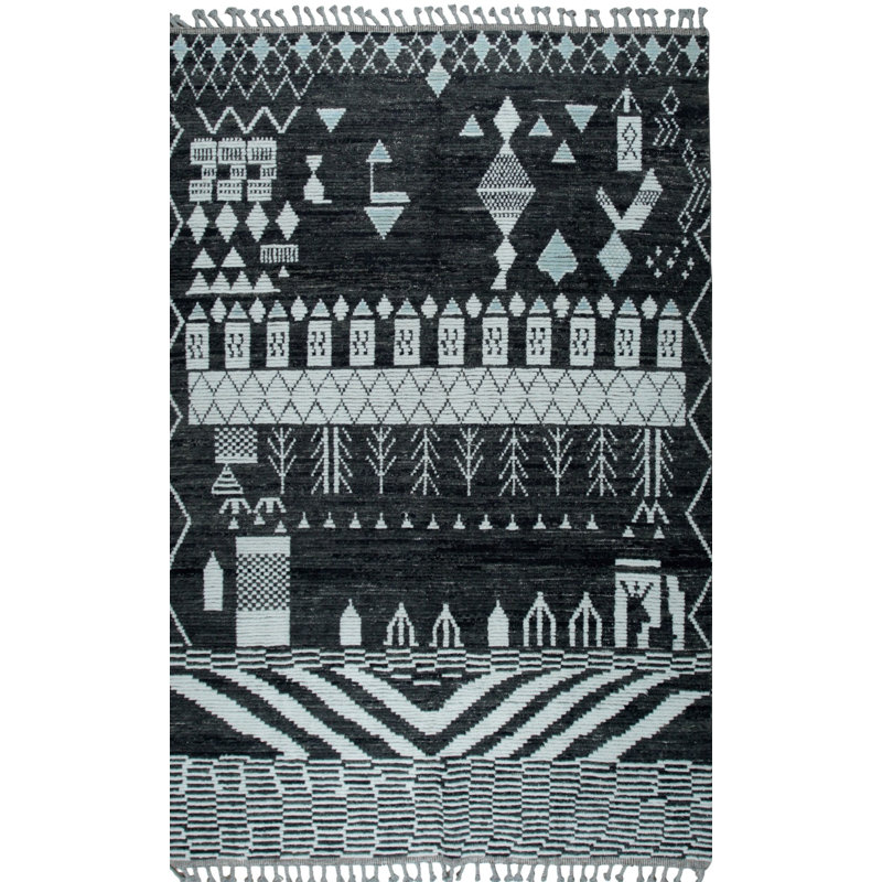 Black Hand-Knotted Wool Village Skyline Tribal Modern Contemporary Carpet Rug, 12' x 15'