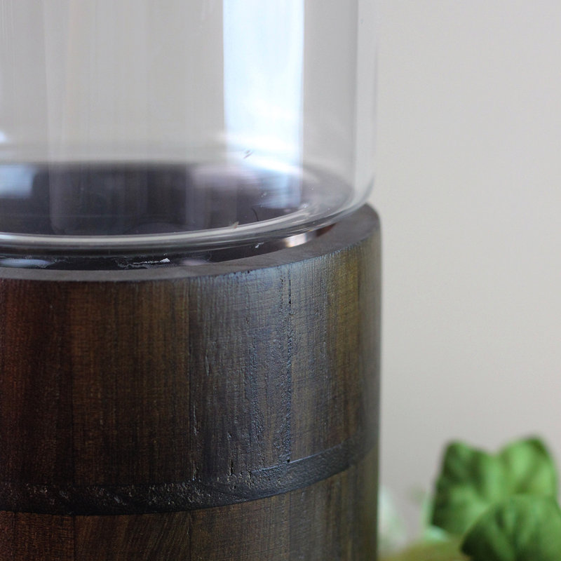 Clear Glass Hurricane Pillar Candle Holder with Wooden Base, 12" H x 5.5" W x 5.5" D