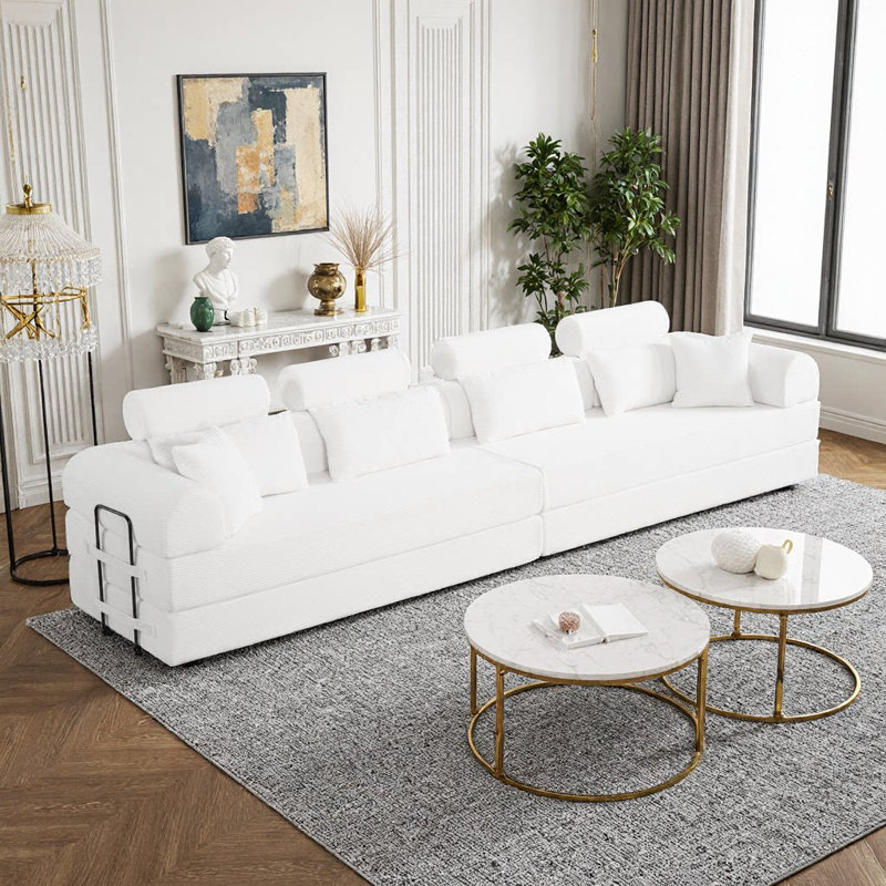 Canapé-lit modulaire en L modulaire avec revêtement en velours côtelé, Beige
