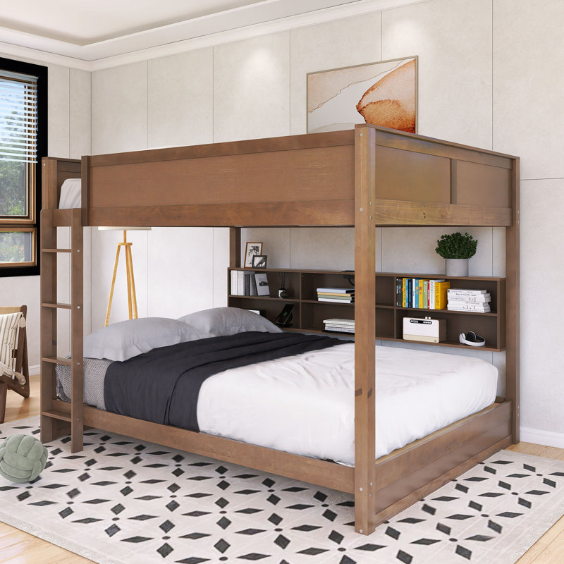 Wood Frame Queen Over Queen Size Bunk Bed With Storage Shelves And USB Ports, Wood