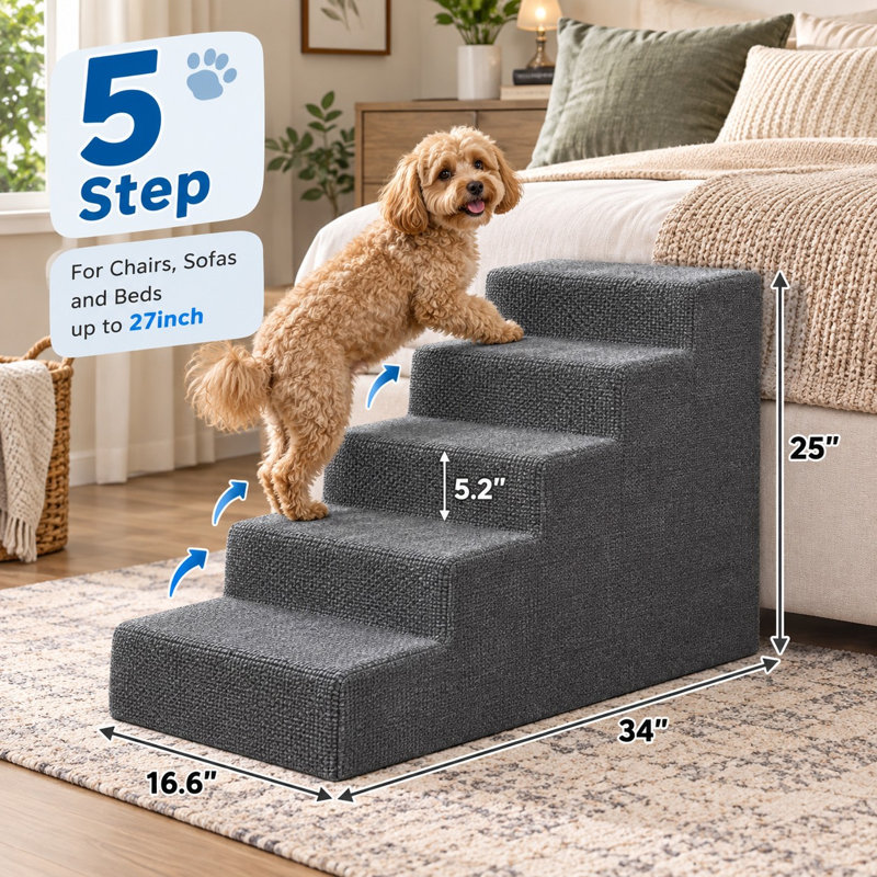 Escalier pour animaux de compagnie à 5 marches de 58 cm de hauteur, idéal pour les petits chiens souhaitant accéder aux paniers en hauteur ; marches antidérapantes et housse lavable