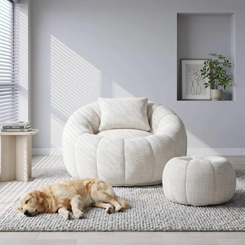 Cloud-Like Memory Foam Bean Bag Chair & Ottoman Set Soft Fabric Lounger with Pillow for Living Room/Playroom, Beige Chenille