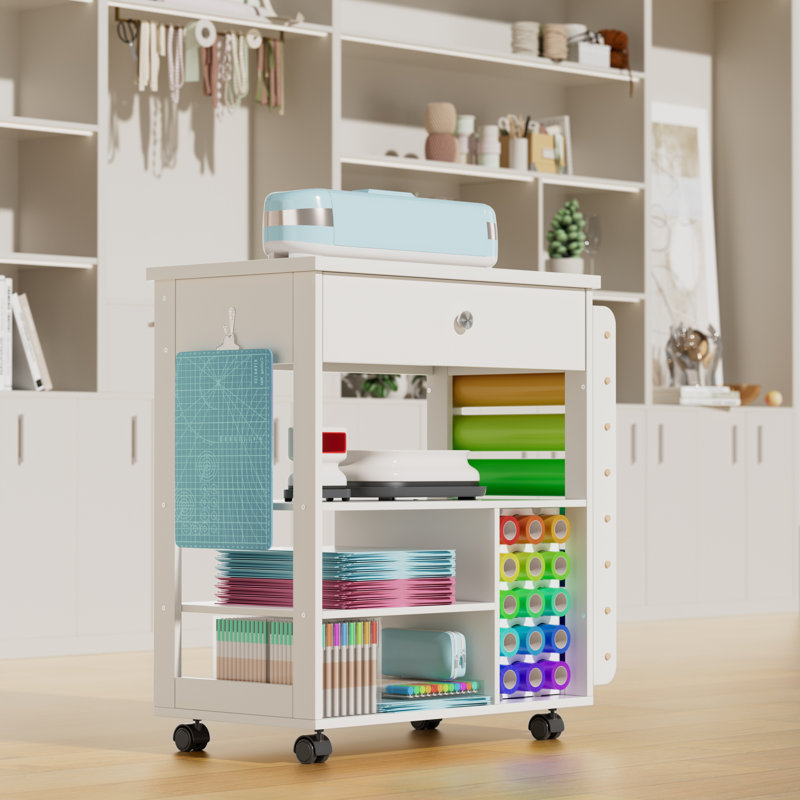 Craft Table Craft Cart Cricut Machine Crafting Cabinet Table for Craft Room, White/Silver